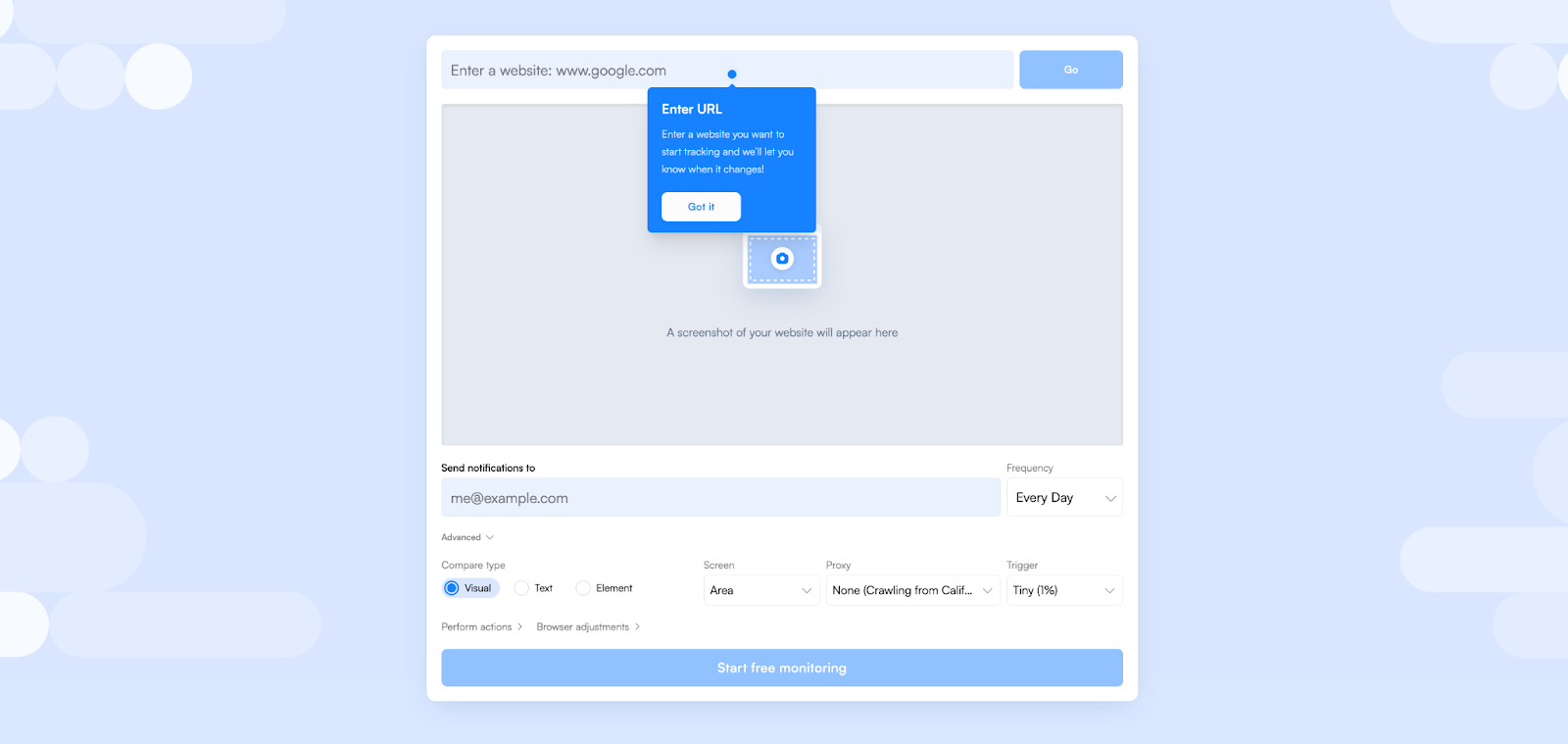 screenshot of the website track changes tool visualping