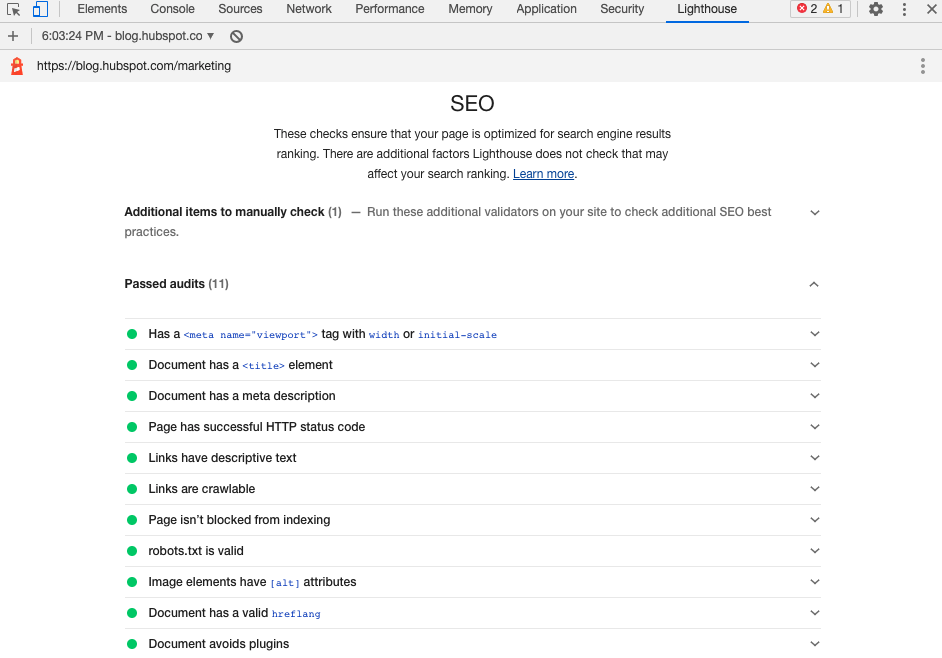Chrome DevTools SEO Audit on Lighthouse results