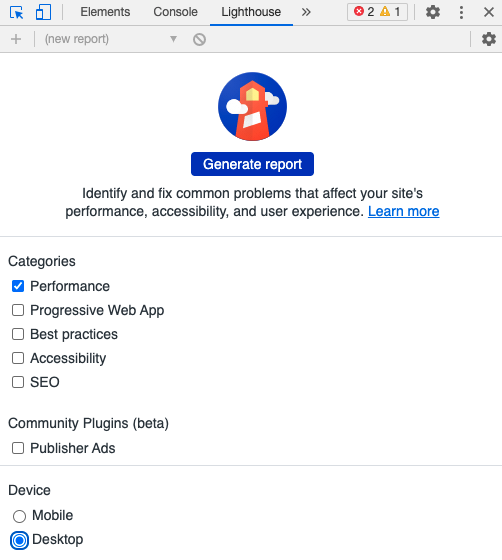 Chrome DevTools lighthouse panel