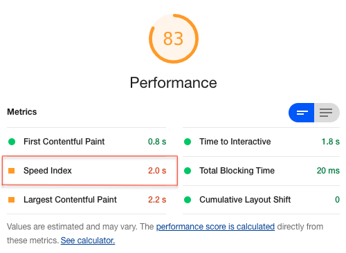 Lighthouse audit performance results