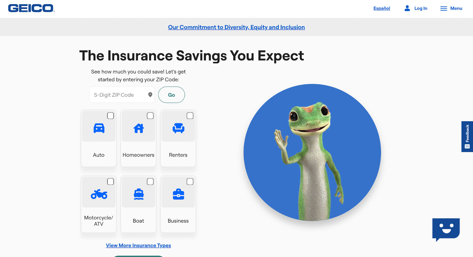 Insurance website design, example from Geico