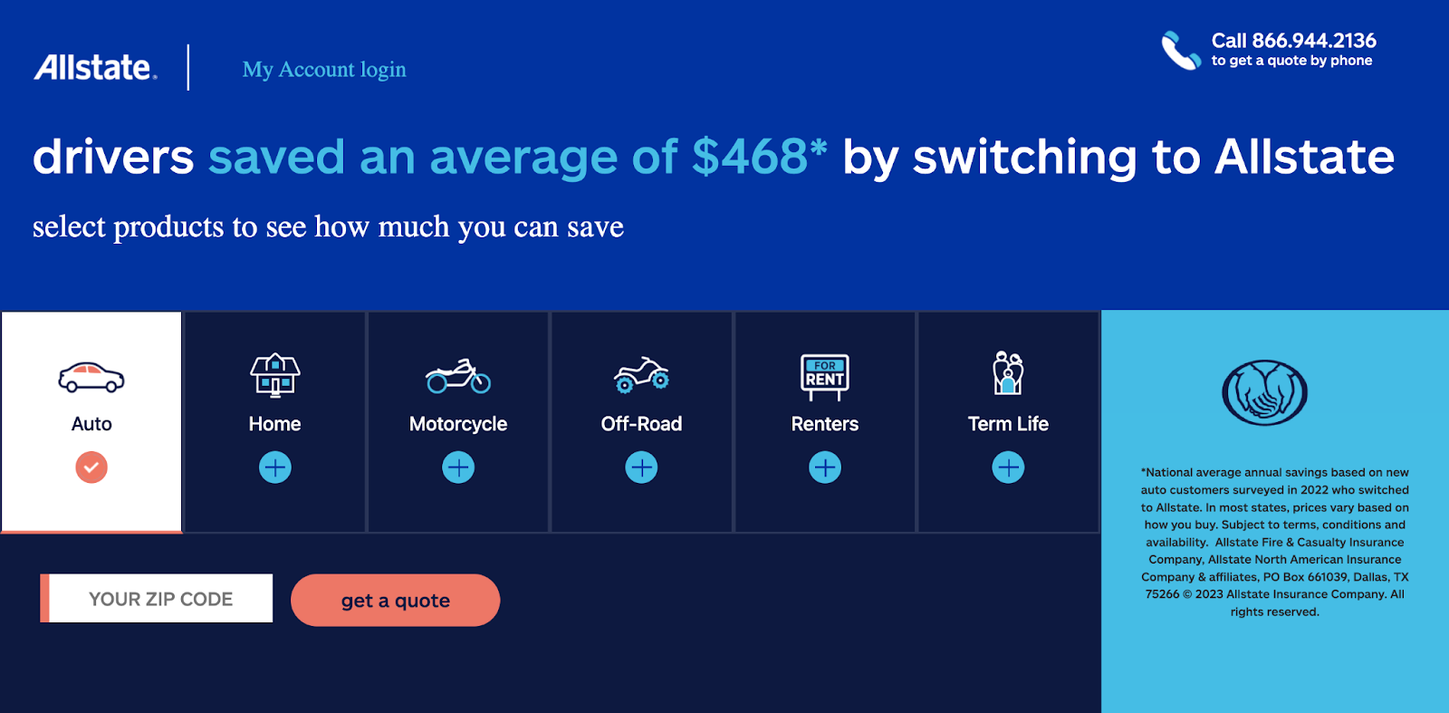 Insurance website design, example from Allstate