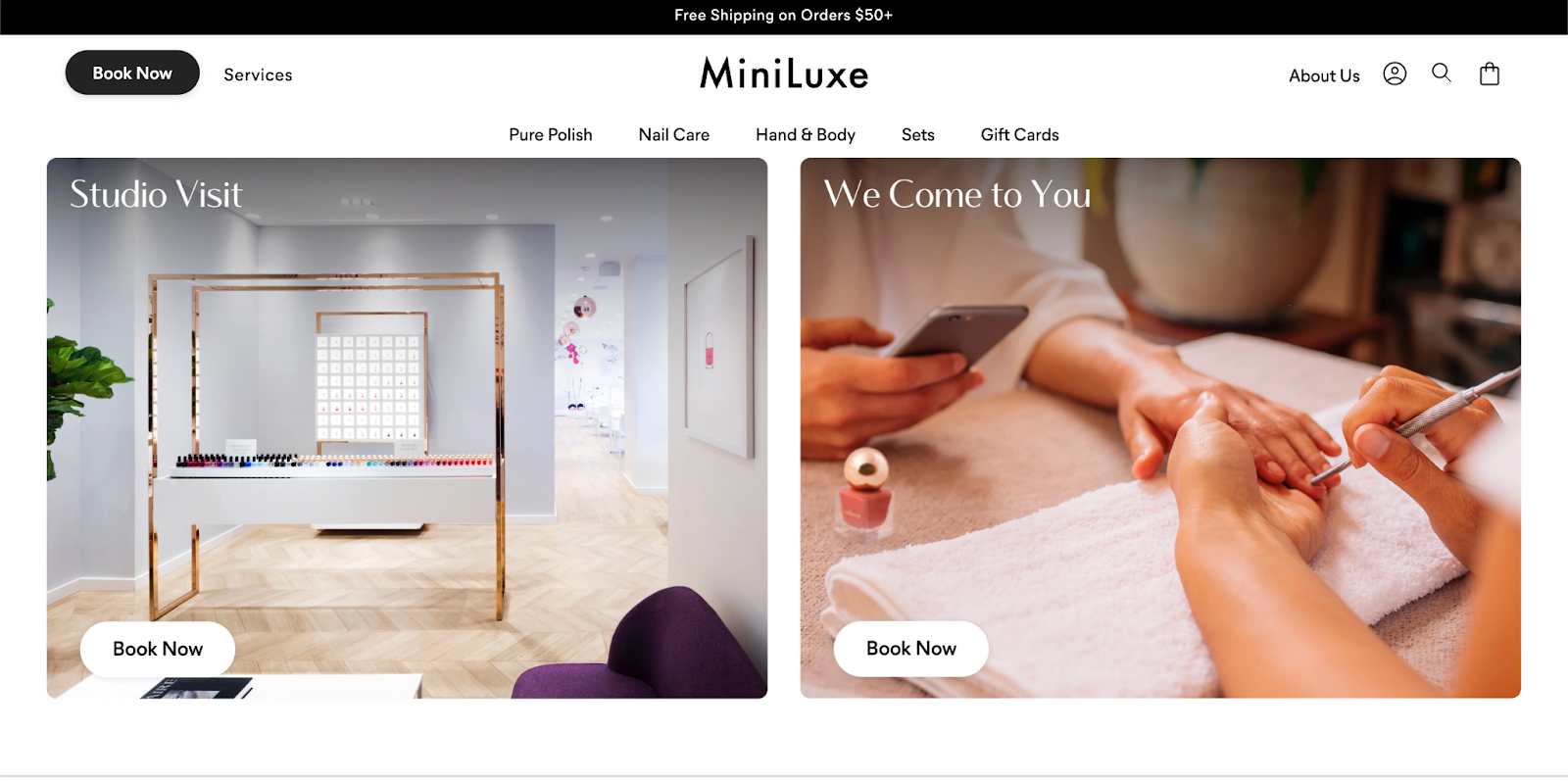 Best nail salon websites, example from MiniLuxe.