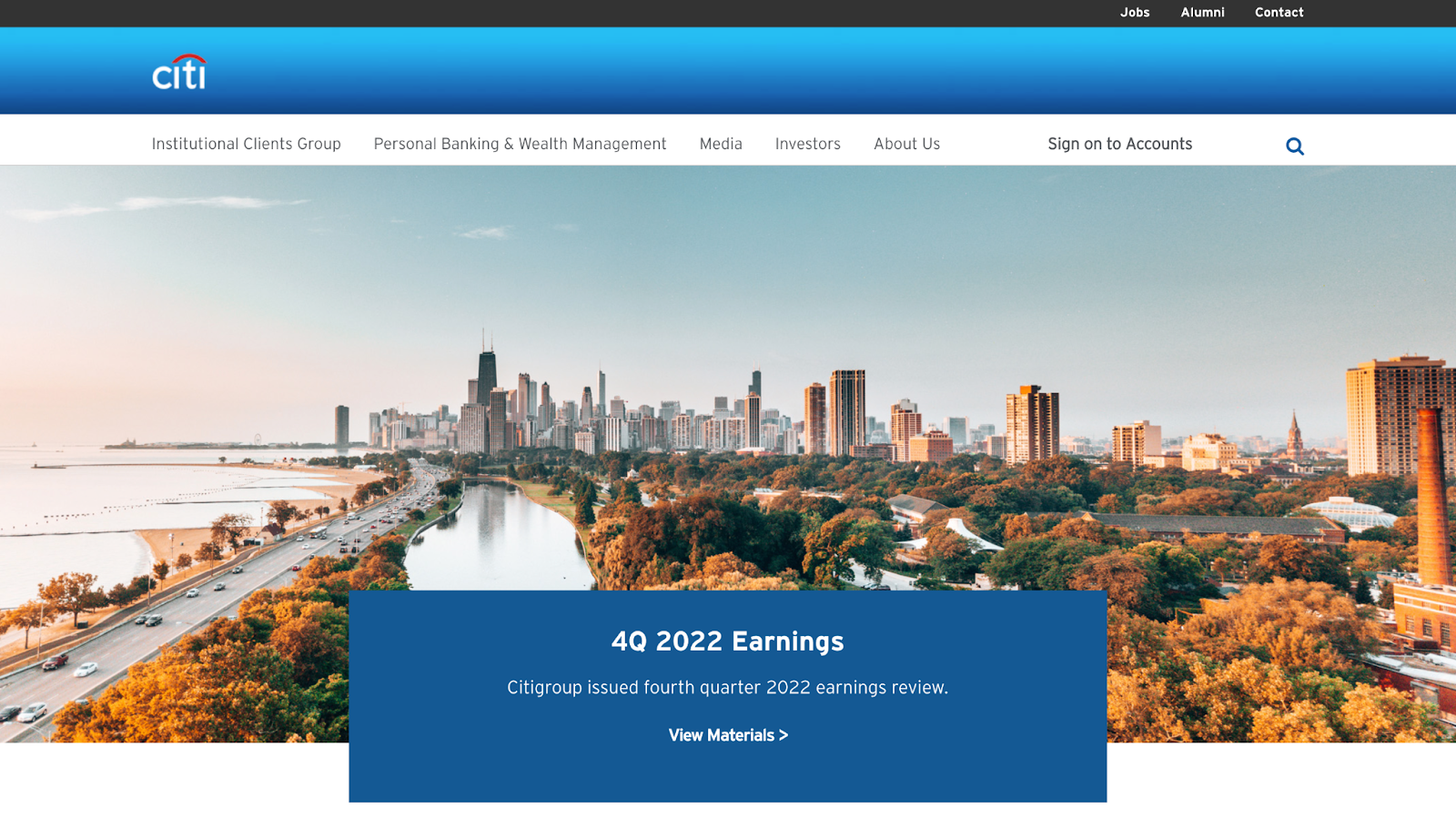 Financial website design example from Citigroup