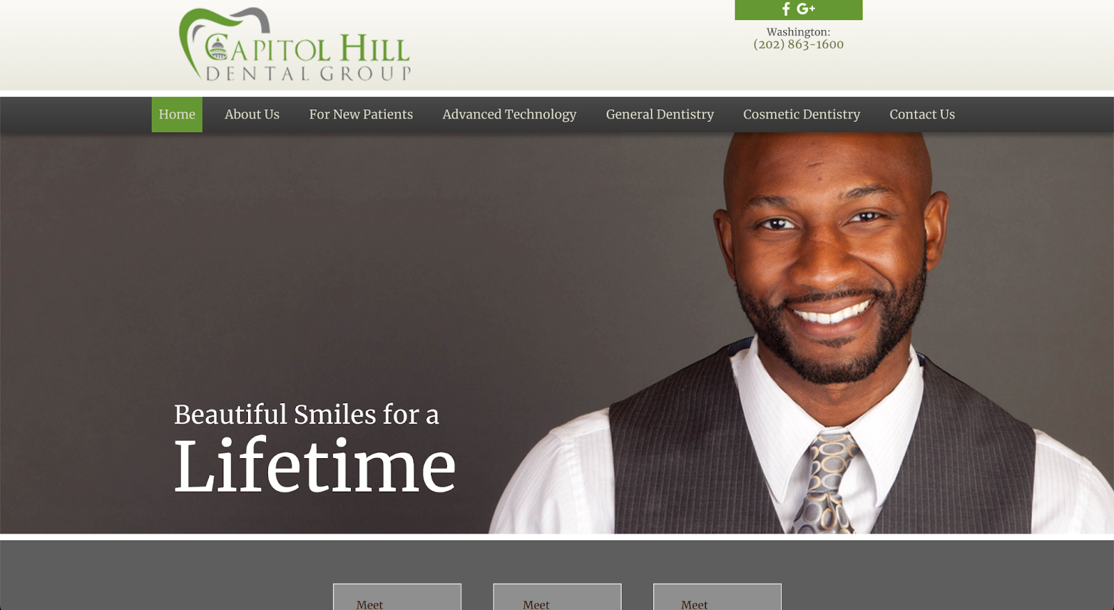 Conservative graphics help communicate the service lines and message of this DC based dental website for Capitol Hill Dental Group