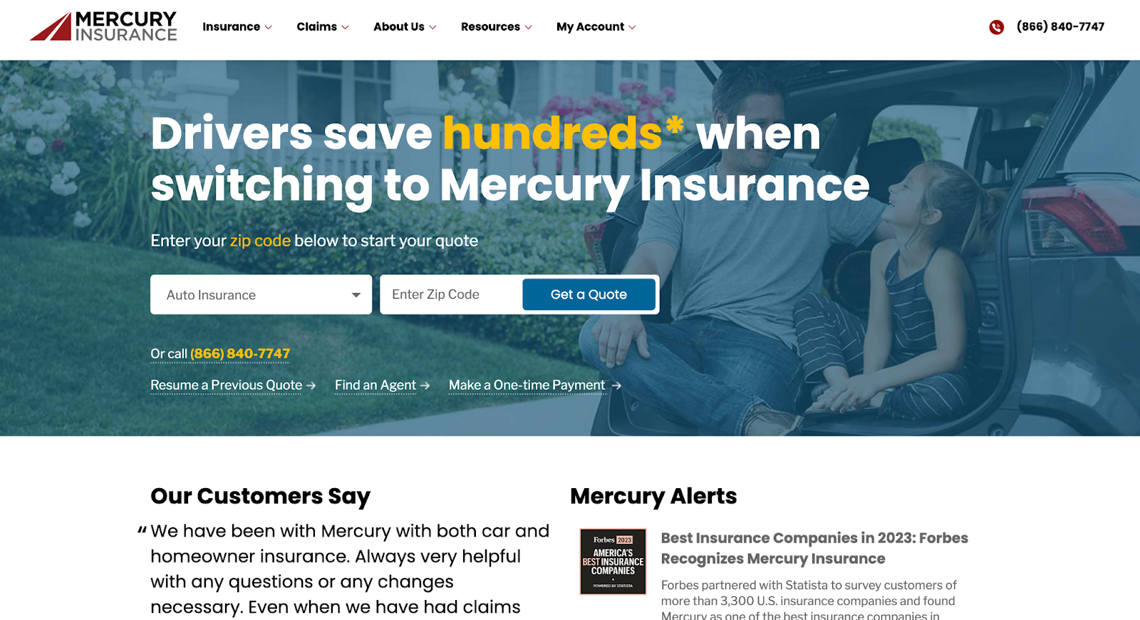 Insurance website design, example from Mercury Insurance