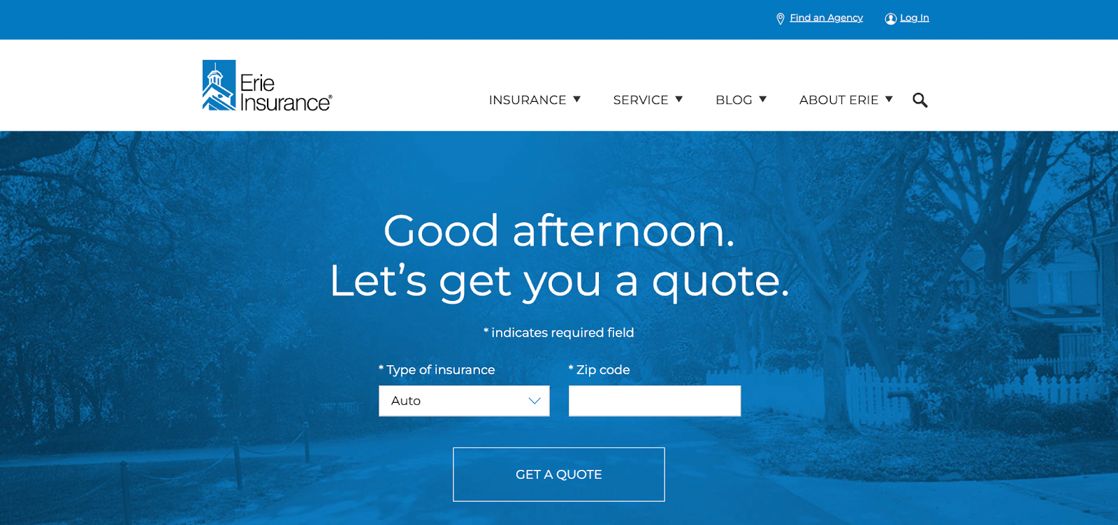 Insurance website design, example from Erie Insurance