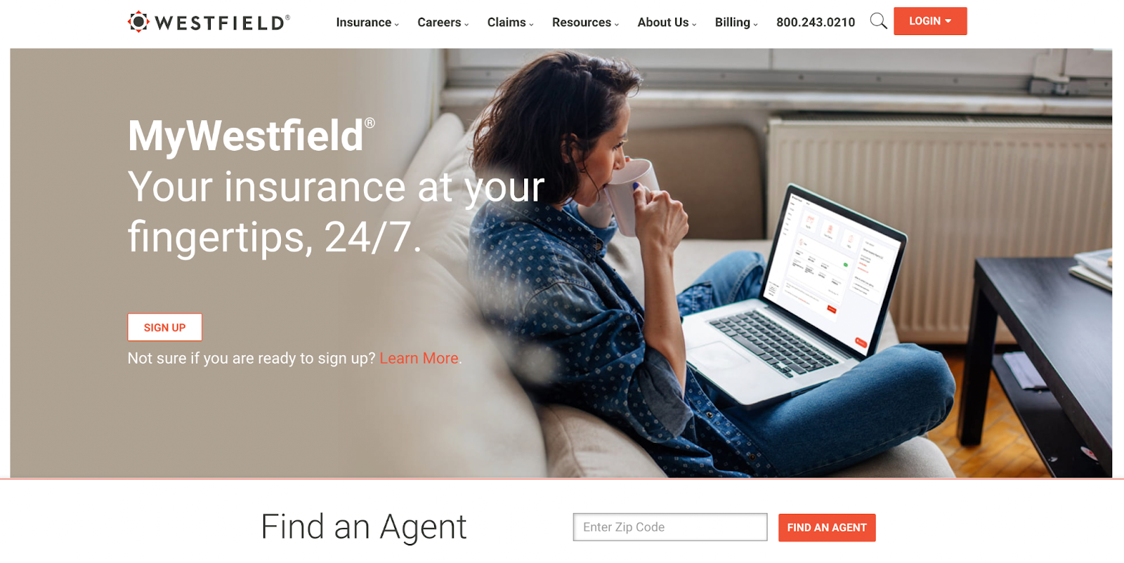 Insurance website design, example from Westfield Insurance