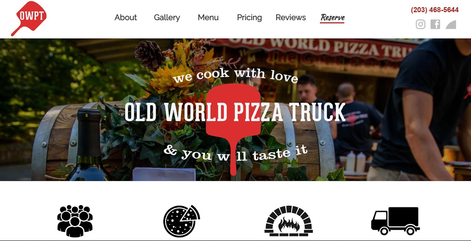 Food truck website design example from Old World Pizza truck.