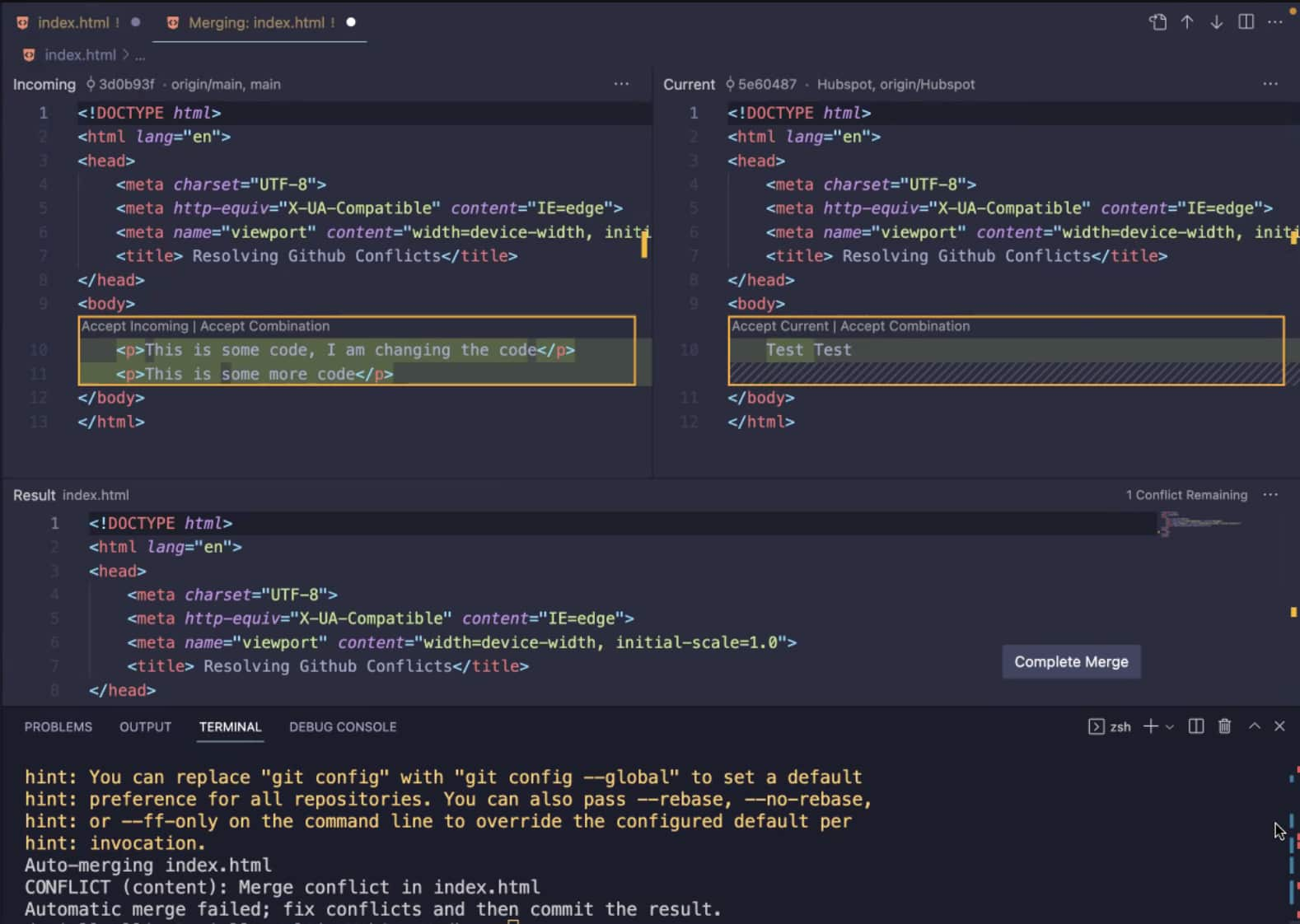 resolving merge conflict by clicking ‘accept incoming’ or ‘accept combination’ or ‘accept current’