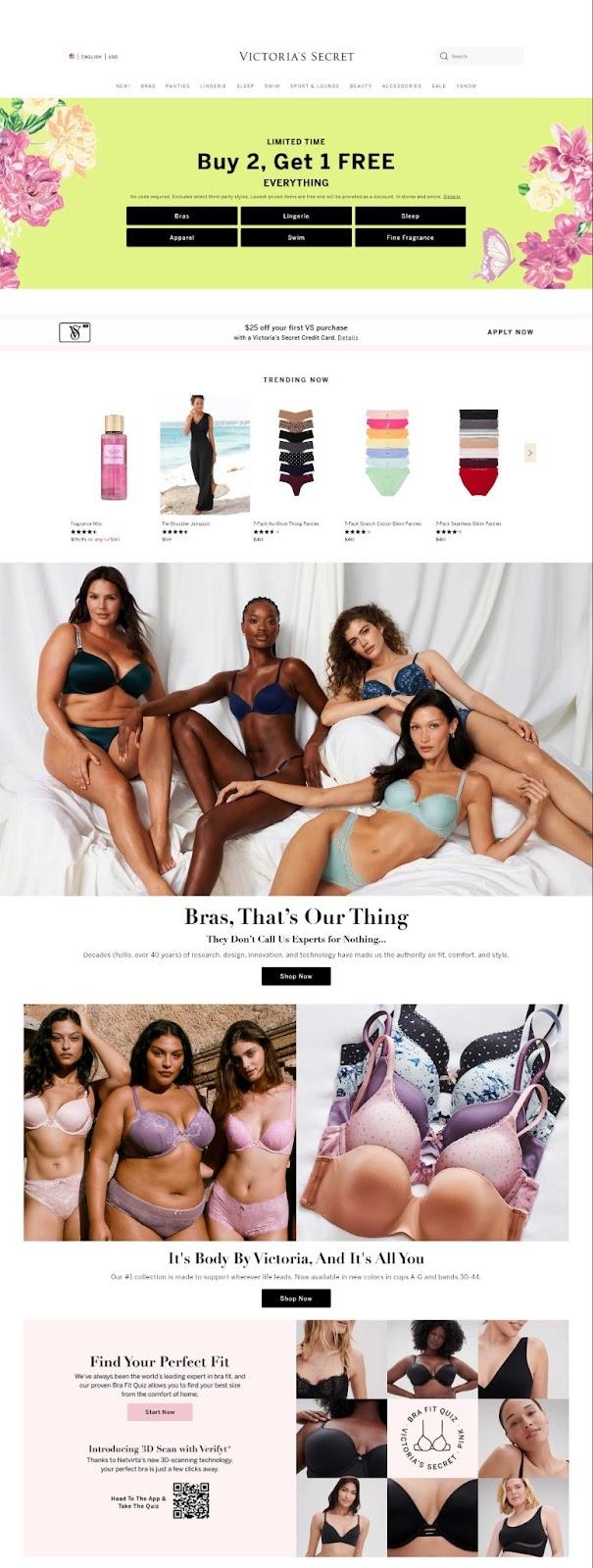 Screen capture of Victoria's Secret homepage demonstrating how pink is used as an accent color across the site.