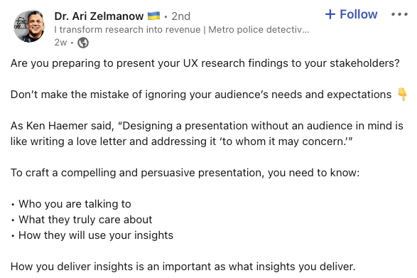 LinkedIn post from Dr. Ari Zelmanov, ux audit