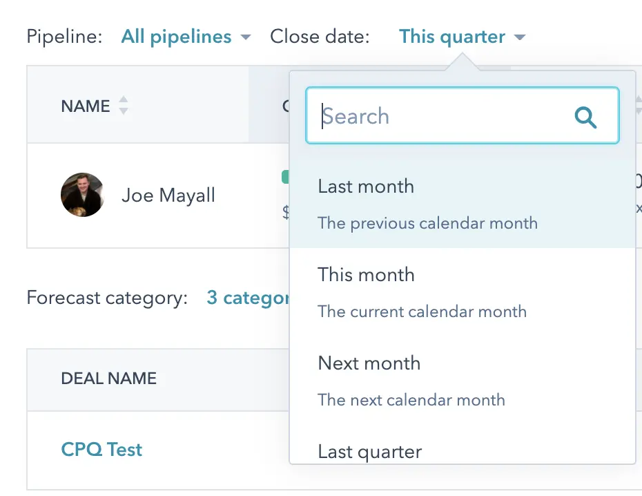 screenshot of HubSpot forecasting tool pipelines time frame filter