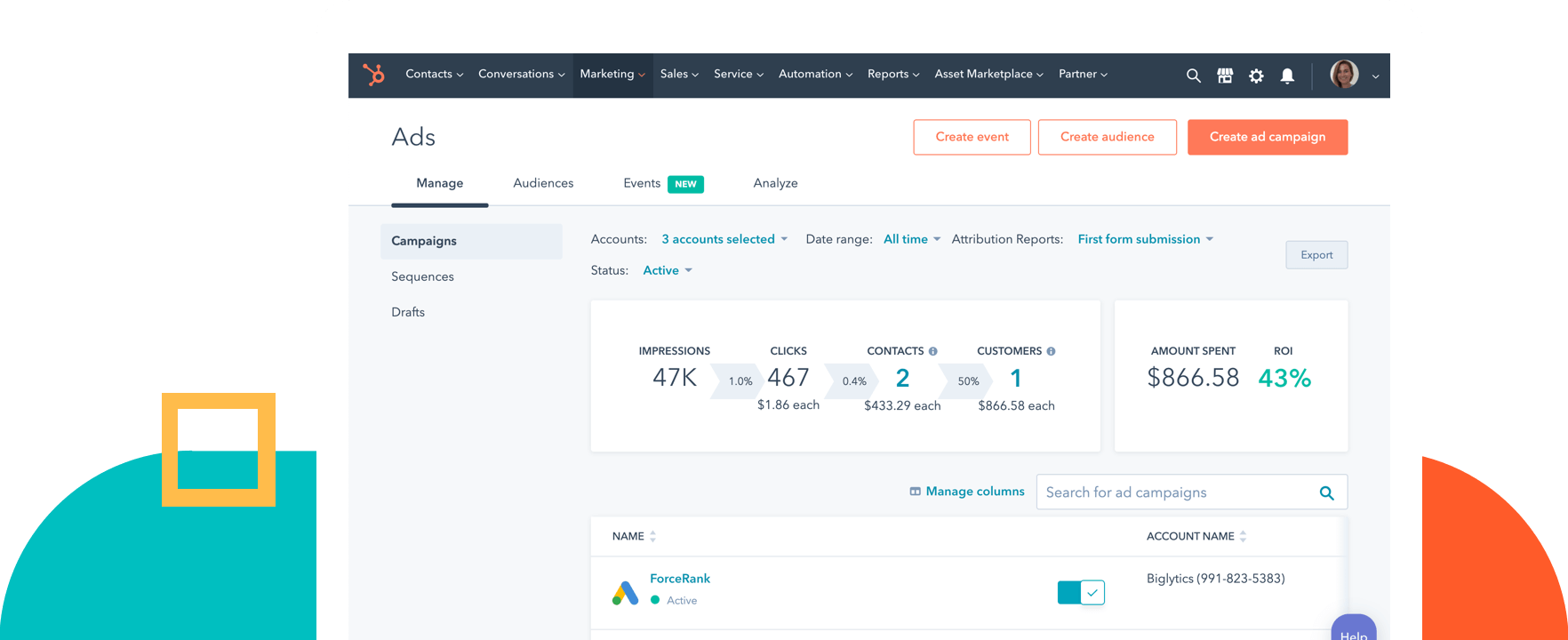 HubSpot UI of ad management