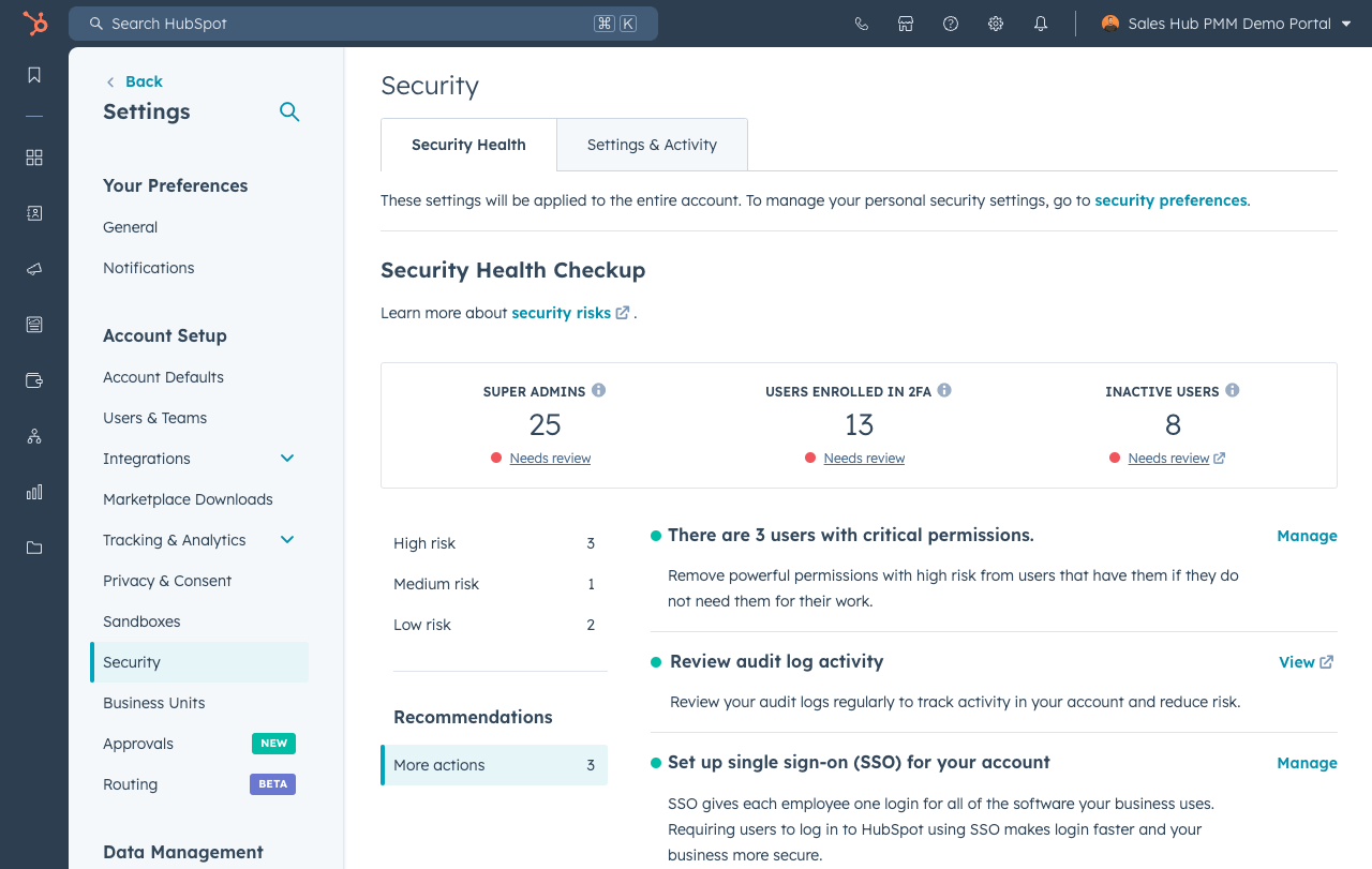 Screenshot of the HubSpot user interface showing various security settings