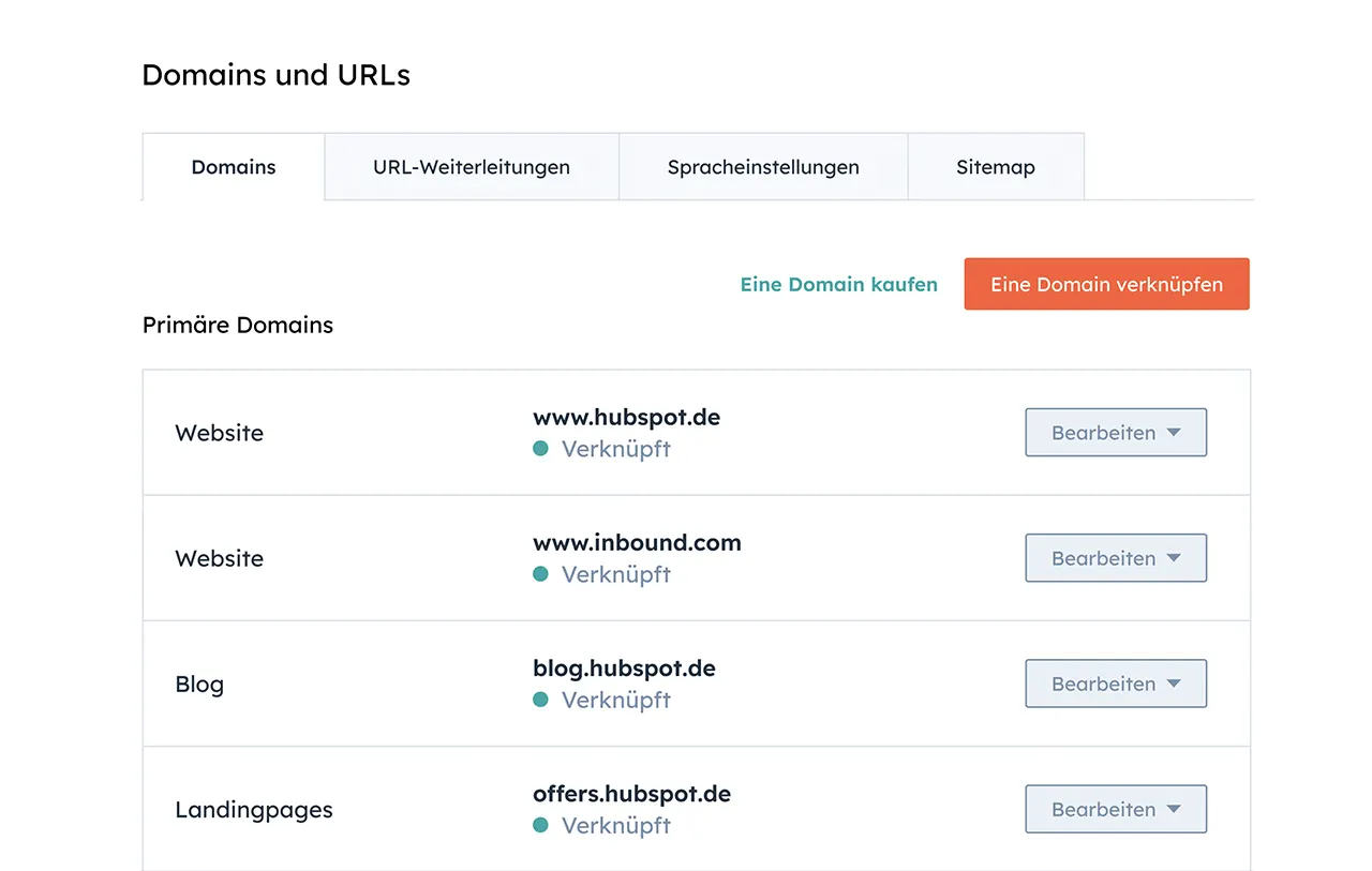 HubSpot-Oberfläche zeigt die Möglichkeit, Domains und URLs hinzuzufügen