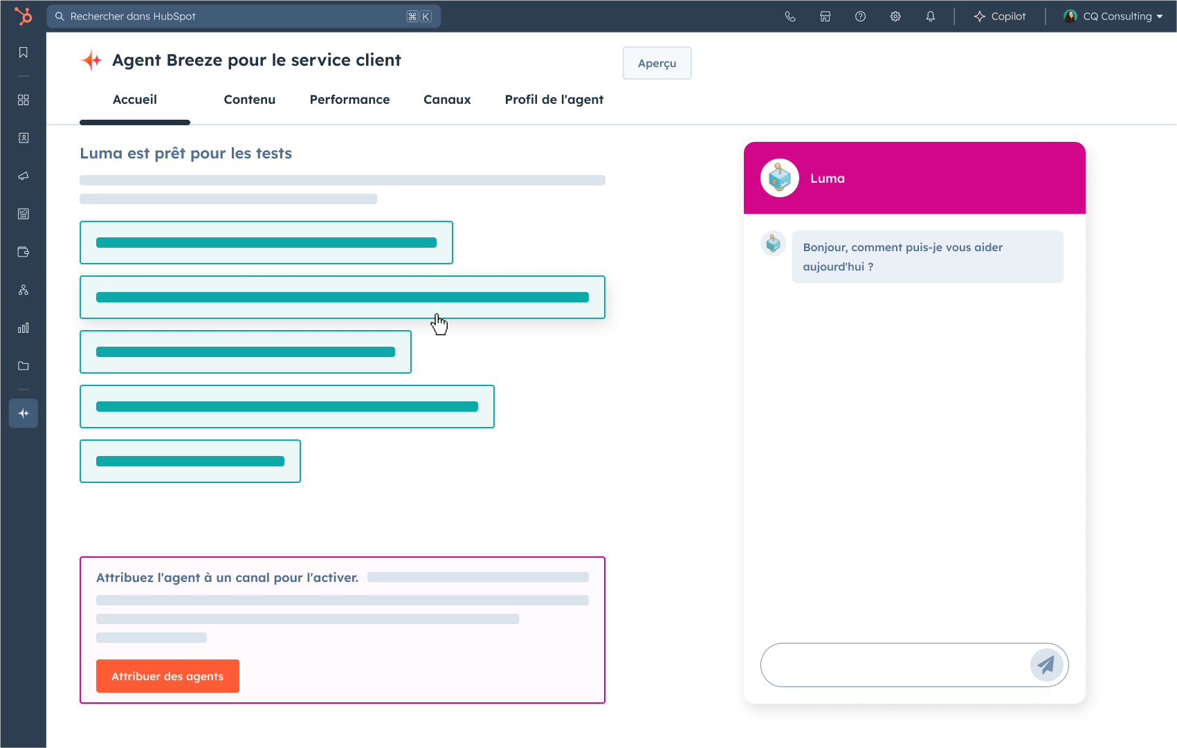 Tableau de bord de configuration de l'agent IA de service client