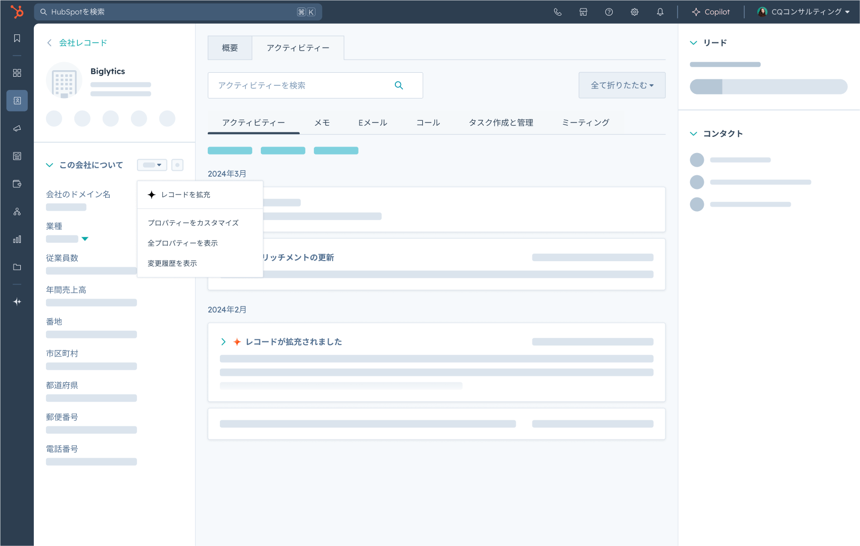 会社アクティビティ画面でのデータエンリッチメント使用イメージ