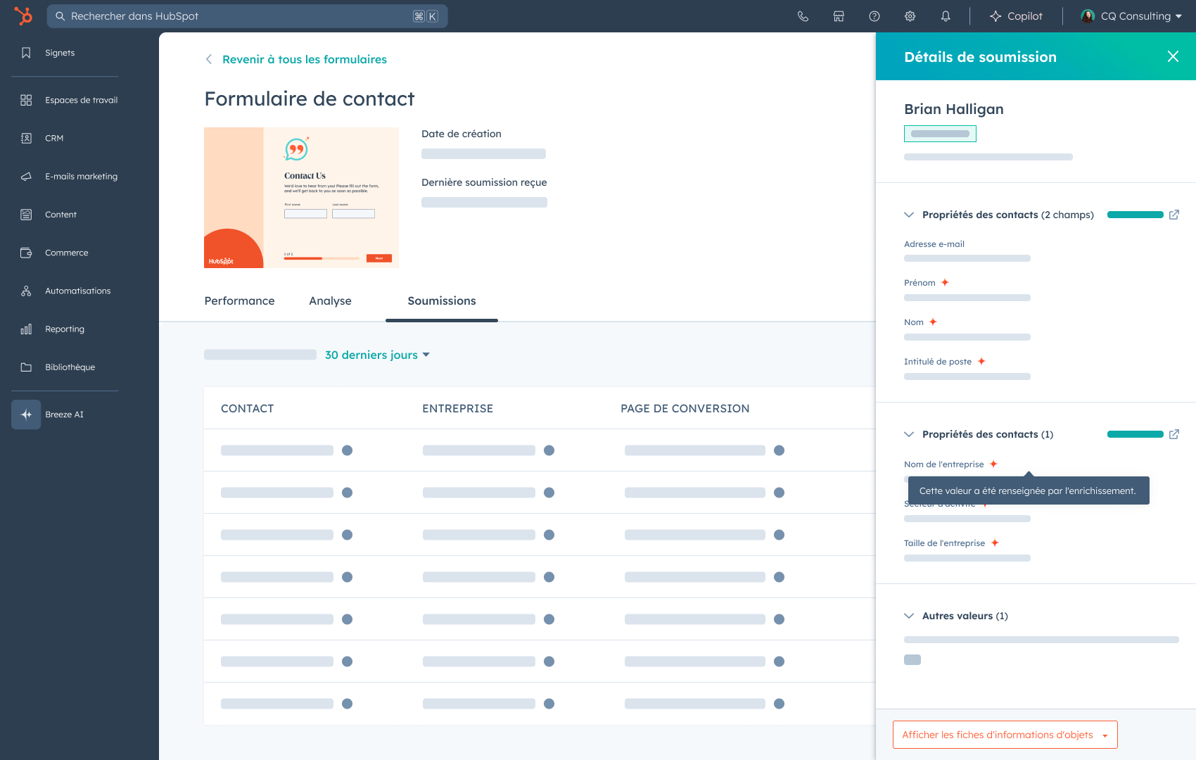 Vues des soumissions d'un formulaire raccourci