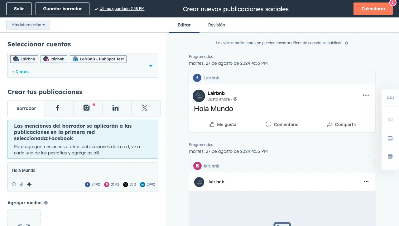 Publicaciones en redes sociales programadas a través de HubSpot para varios canales