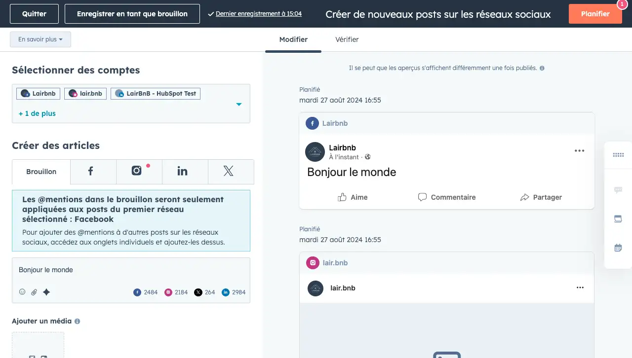 Planification de posts sur les réseaux sociaux via HubSpot pour différentes plateformes