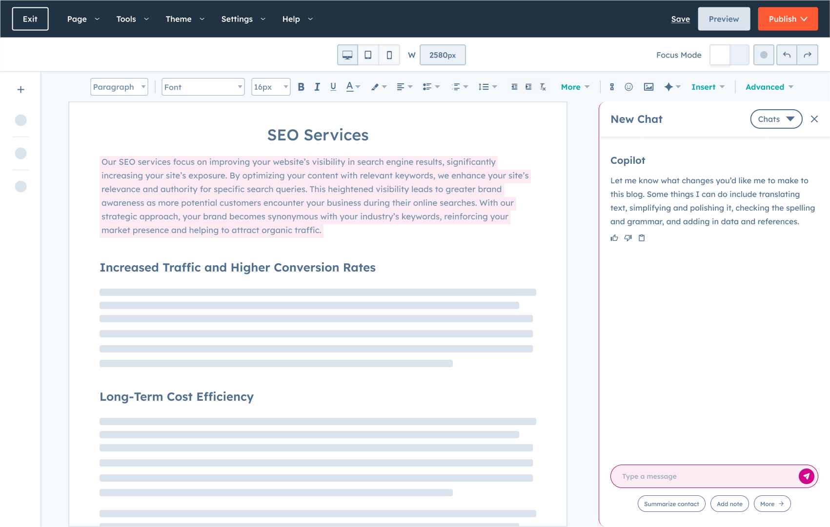 Breeze Copilot interface showing ability to edit blog post