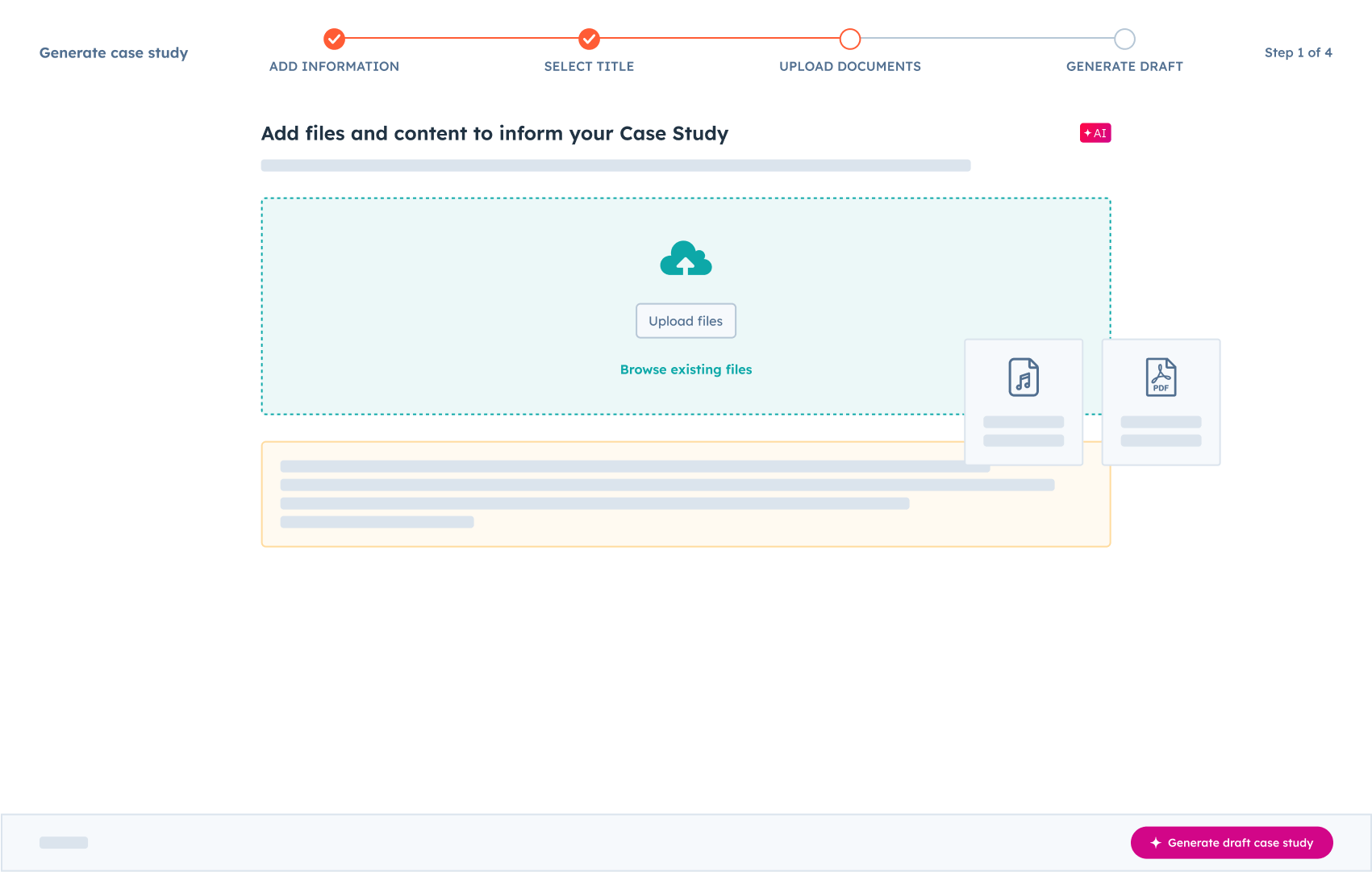 Breeze content agent software showing ability to import files to inform case study content