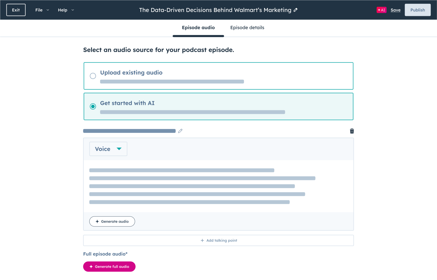 Breeze content agent software showing ability to use AI to generate a podcast episode