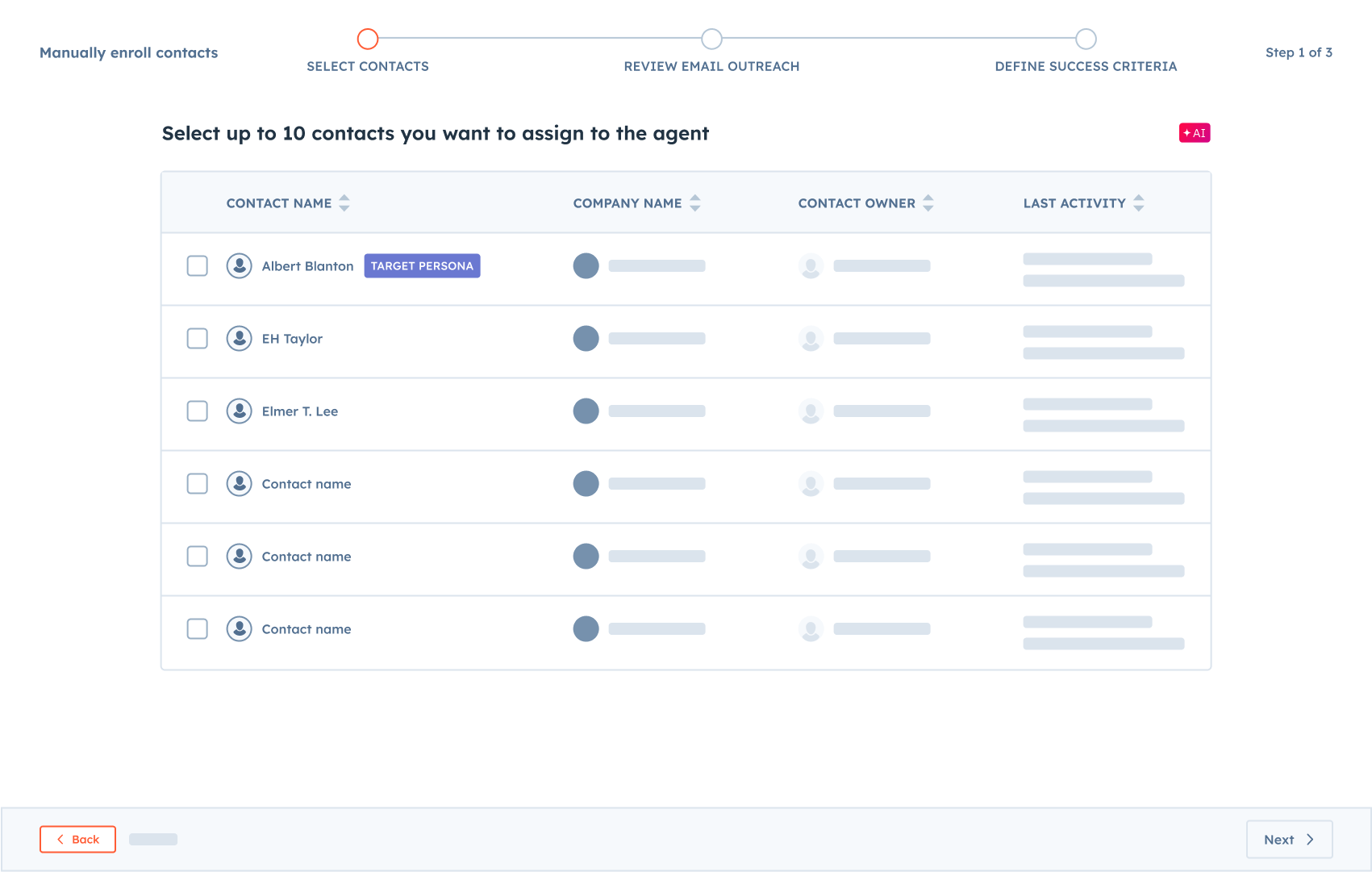 Breeze prospecting agent software showing ability to assign contacts to the agent