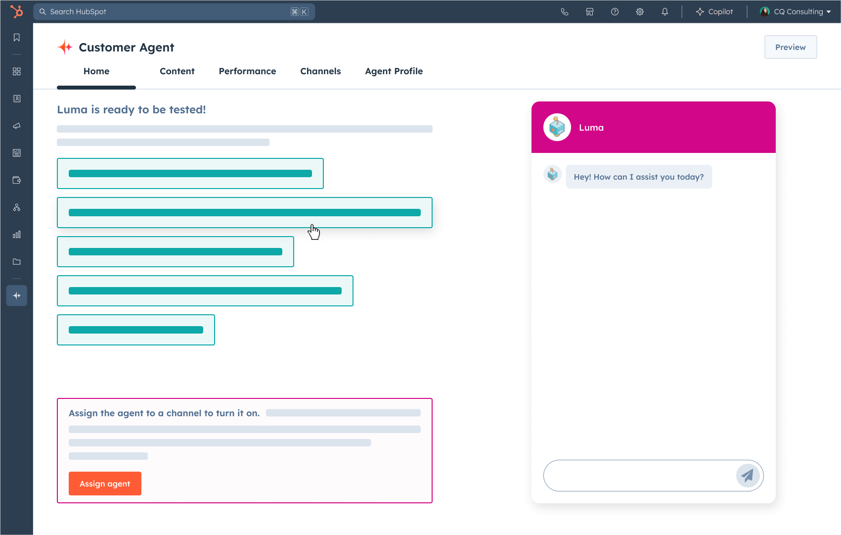 Breeze customer agent software showing ability to test AI chatbot