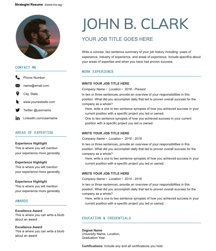 resume template with headshot