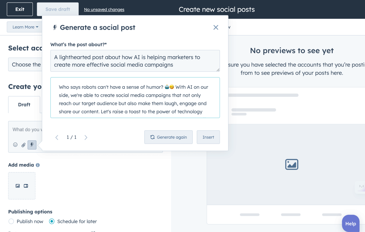 AI social media post generator showing prompt and generated content