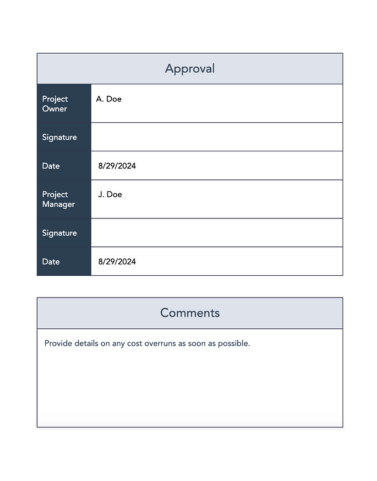 Approval information and comments can be provided if necessary. 