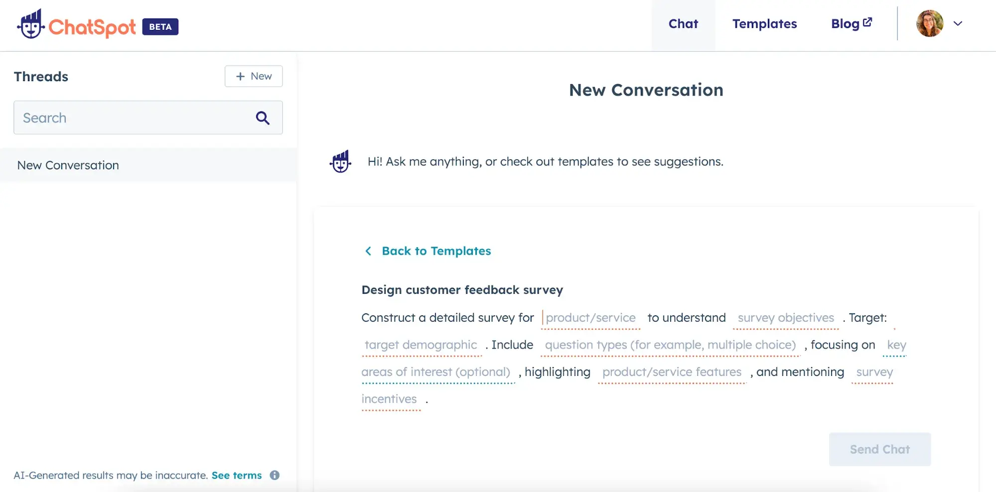 HubSpot ChatSpot customer survey template screenshot