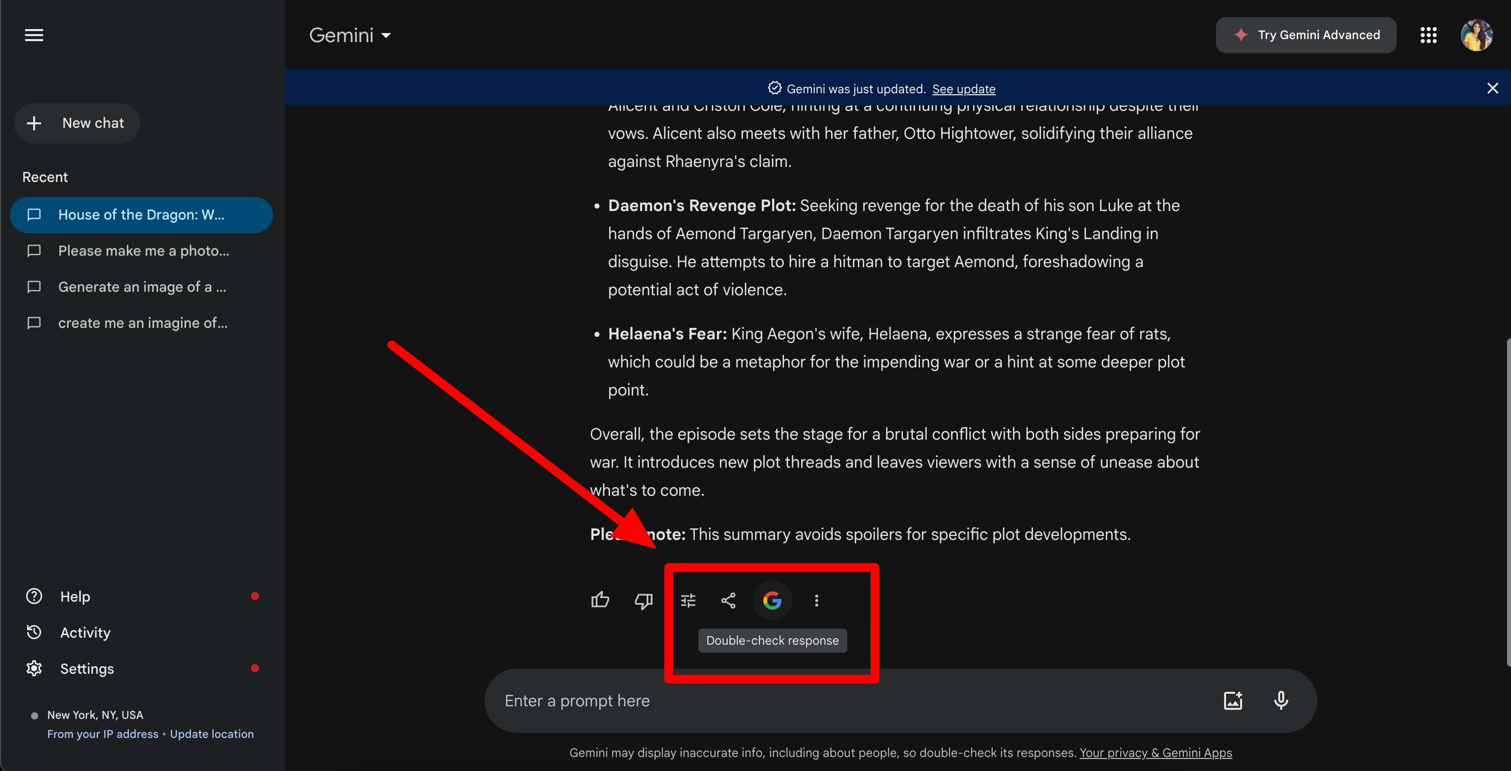 screenshot of google's gemini showing how the platform enables users to double check their results