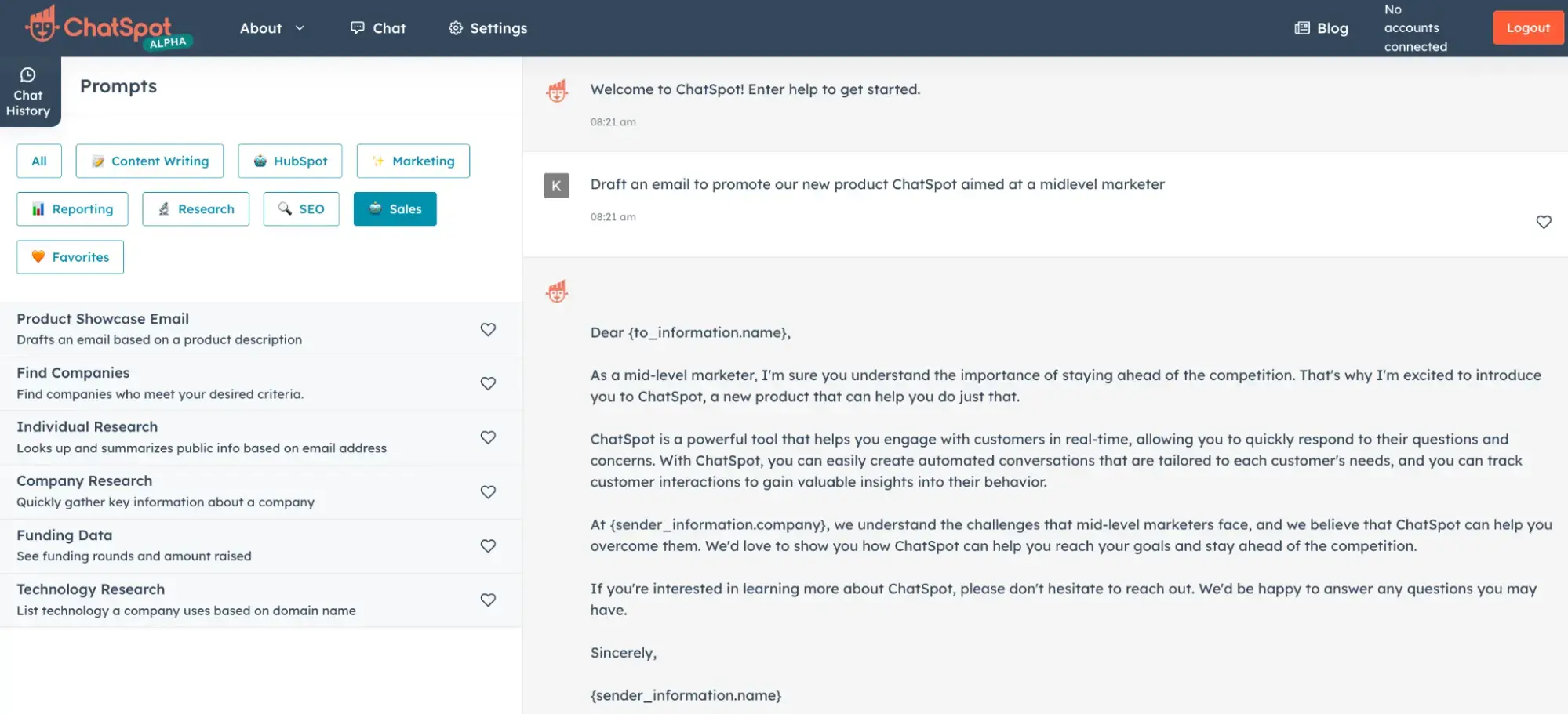 AI in CRM example prompt from HubSpot ChatSpot