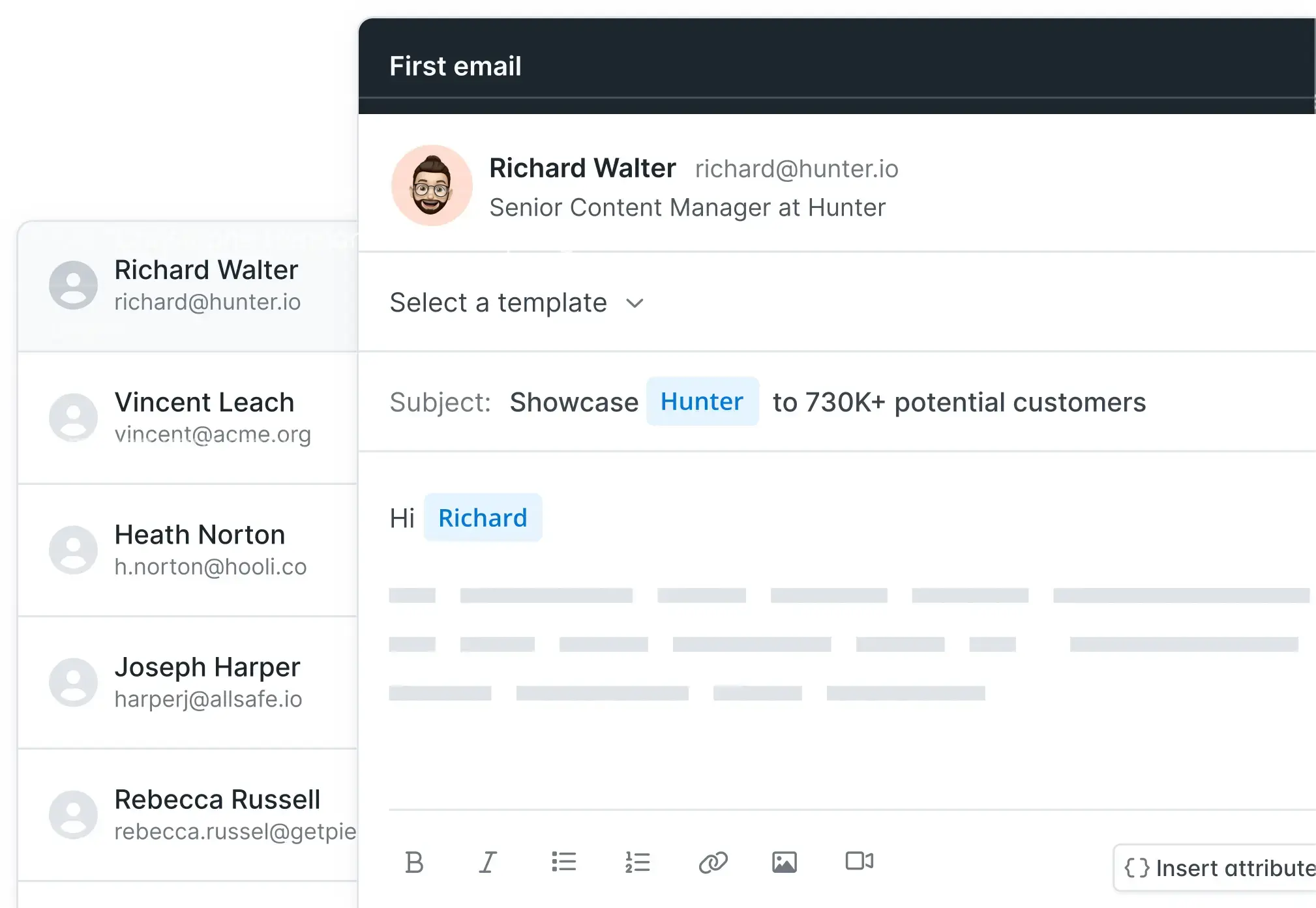 Illustration of Hunter.io cold email outreach software's personalization interface for email campaigns, with features such as dynamic fields for personalized email content.