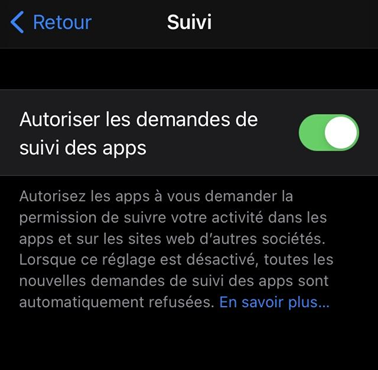 paramètres de pistage dans iOS