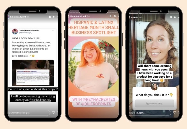 Image of three mobile devices, each showing different Instagram Story content from three different creators.