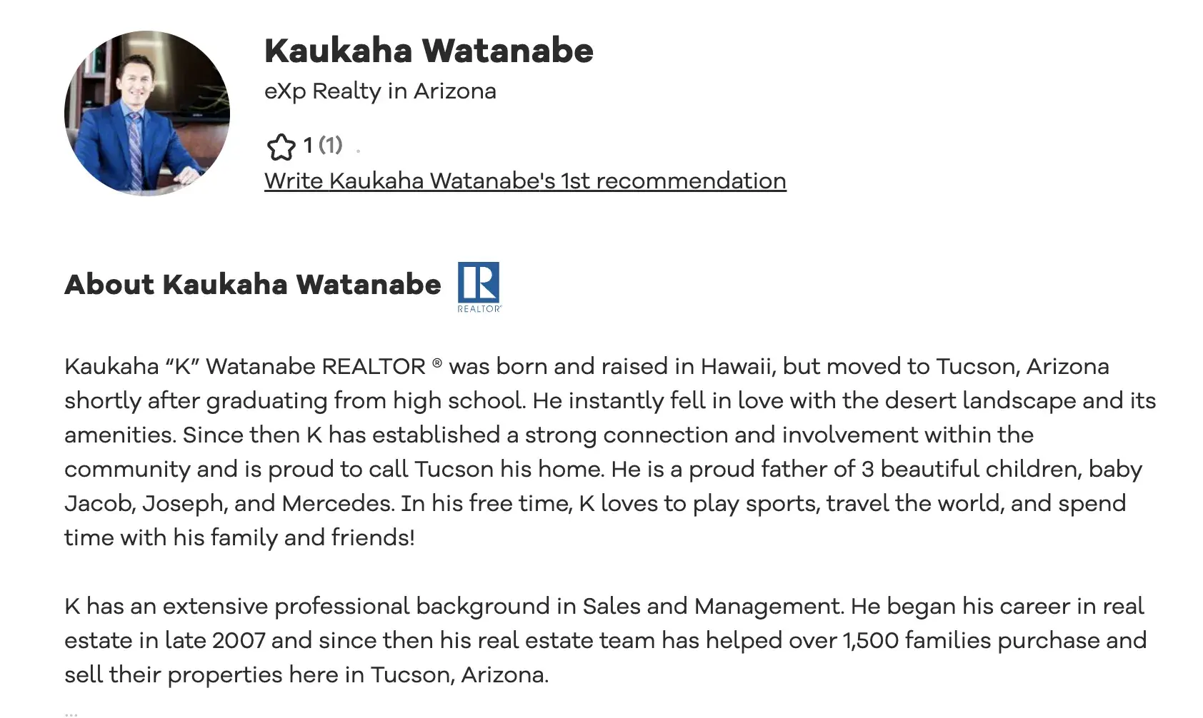 real estate bio, kaukaha watanabe