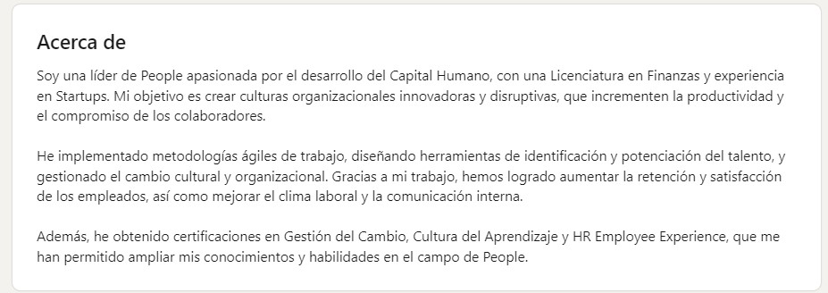 Ejemplo de perfil en LinkedIn: acerca de