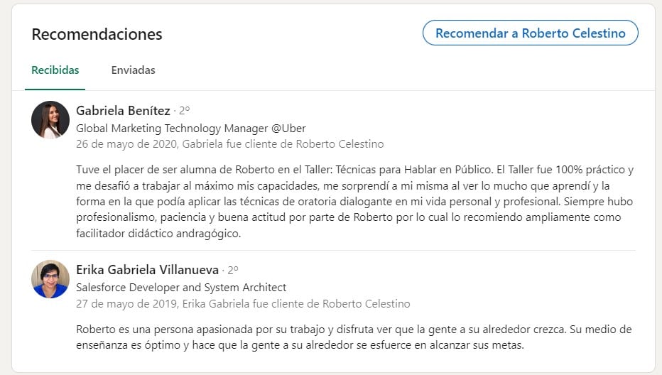 Ejemplo de perfil en LinkedIn: recomendaciones