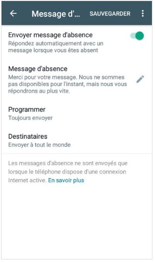 WhatsApp Définir un message d'absence