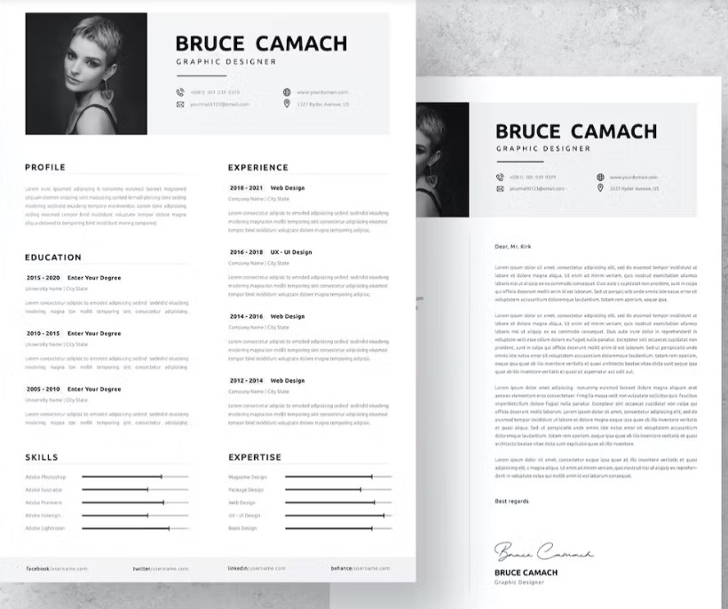 Plantilla de CV creativo gratis en blanco y negro