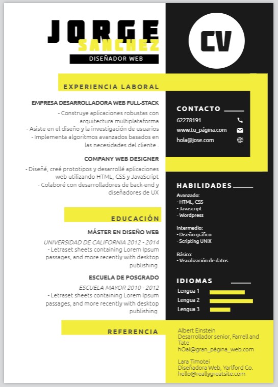 Plantilla de CV creativo gratis en negro y amarillo