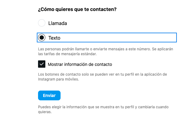 Forma de contacto de instagram