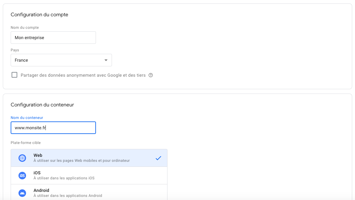 création de compte google tag manager