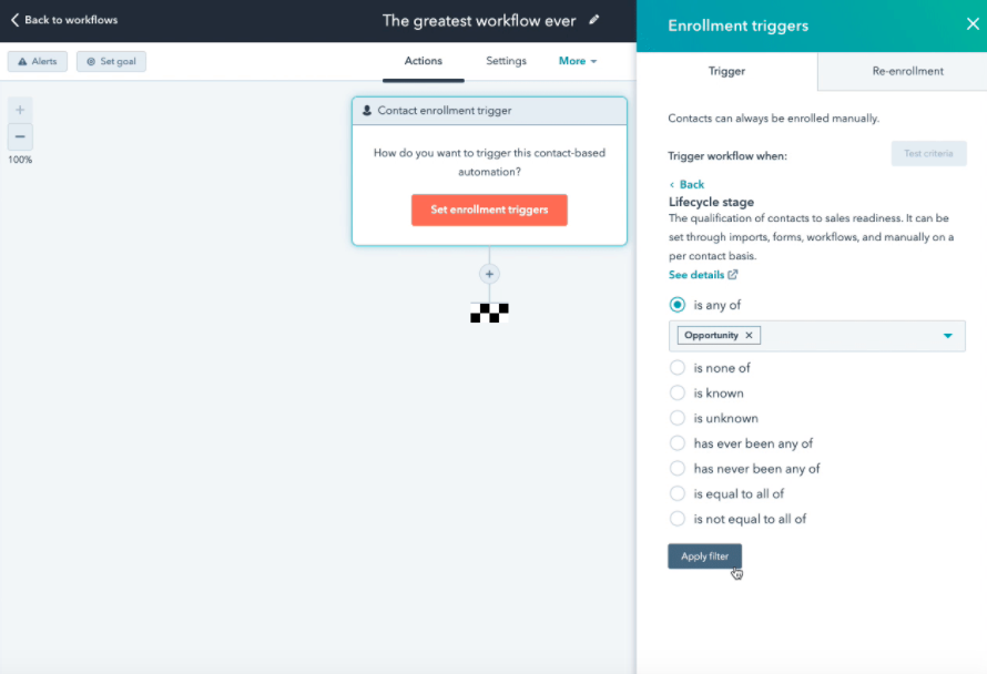 Criterios de inscripción en ejemplo de workflow con HubSpot