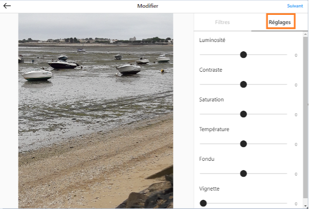 Réglages retouches sur Instagram Web