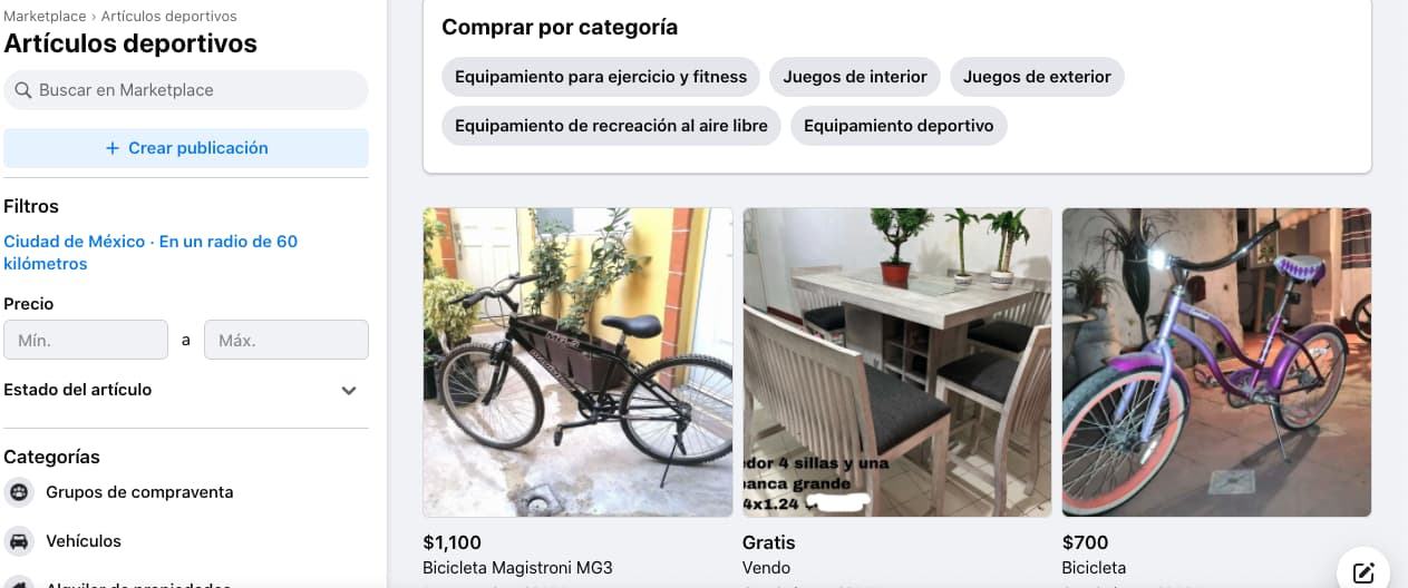 Ejemplos de tipos de comercio electrónico: Marketplace de Facebook